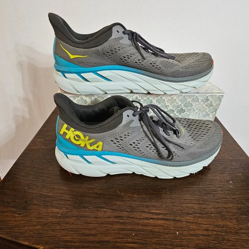 Hoka One One Clifton 7 Mens Running Shoes Grey Blue Yellow 1110508 WDDS Size 11